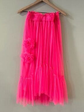 Women’s Hot Pink Tulle Maxi Skirt with Floral Appliqués